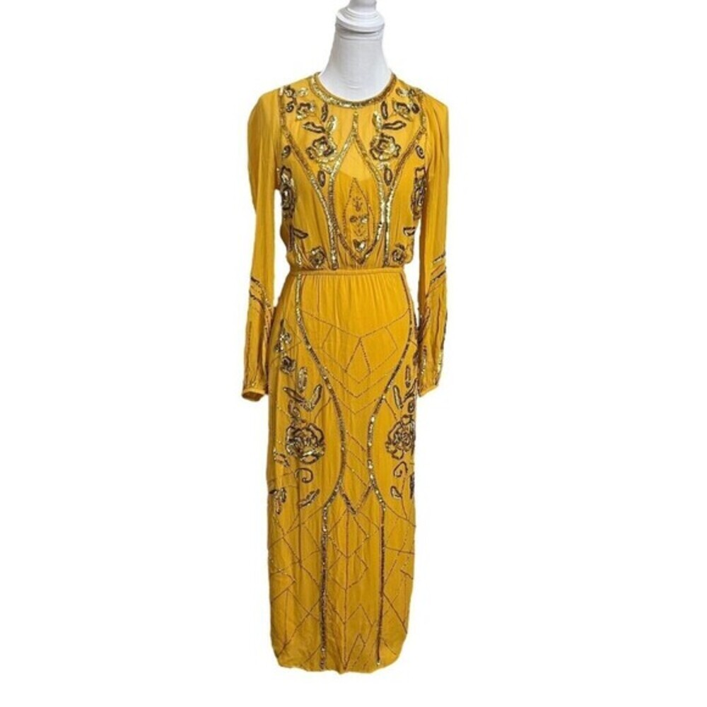 Anthropologie Let Me Be Juliet Maxi Dress XS Mustard Sequin Sheer Embellished‎ - Picture 3 of 14